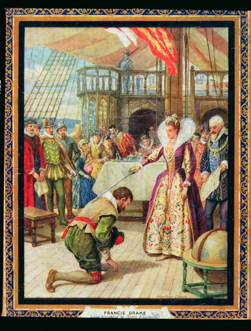 I. Erzsébet királynő (1530-1603) Francis Drake (1540-96) lovagok, illusztráció a Történelem hőseiből (színes litó) alkotó: Howard Davie