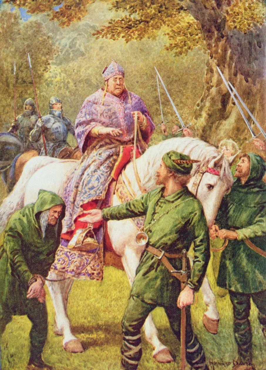 Robin Hood találkozik Hereford püspökével, illusztráció a „Robin Hood és élete a vidám zölderdőben” című könyvből, Rose Yeatman Woolf mesélte el, Raphael Tuck kiadó. alkotó: Howard Davie