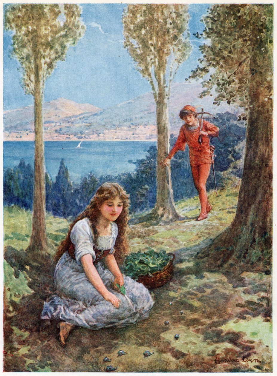 "Hirtelen megállt, és elragadtatva nézett" Lilia E. Romano olasz tündérmeséiből, a Raphael Tuck & Sons kiadásában (színes litó) alkotó: Howard Davie