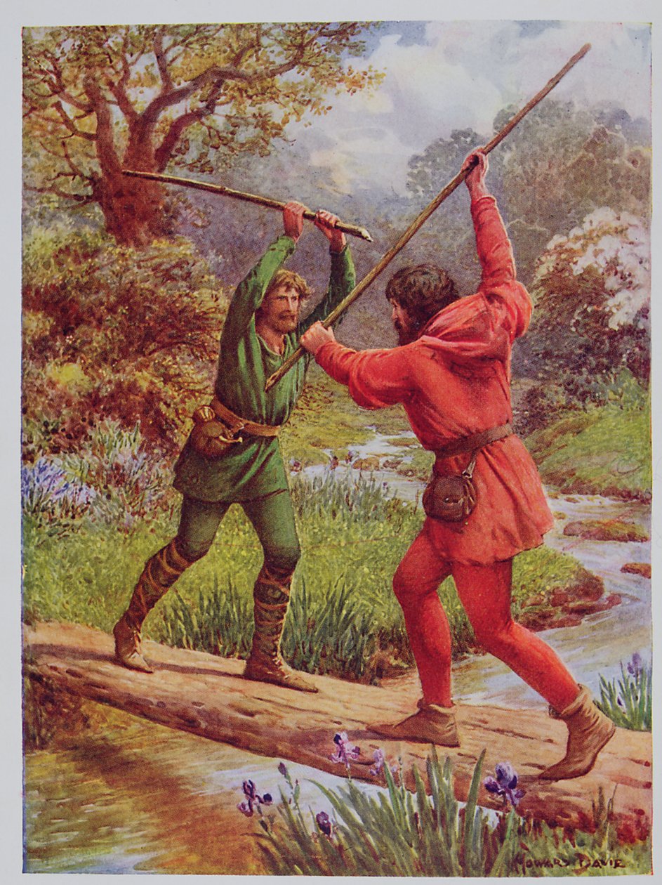 Robin Hood és Little John harca, illusztráció a „Robin Hood és élete a vidám zölderdőben” című könyvből, Rose Yeatman Woolf mesélte, Raphael Tuck kiadó alkotó: Howard Davie