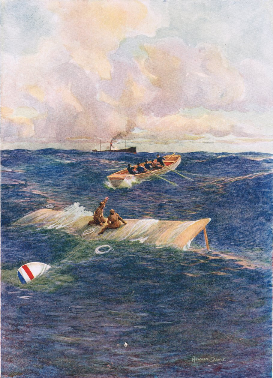 „The Lifeboat of „The Mary of Denmark” Rescuing Hawker and Grieve”, illusztráció a „Brave Deeds by Brave Men” című könyvéből, C. Sheridan Jones, pub. 1922 (litó) alkotó: Howard Davie