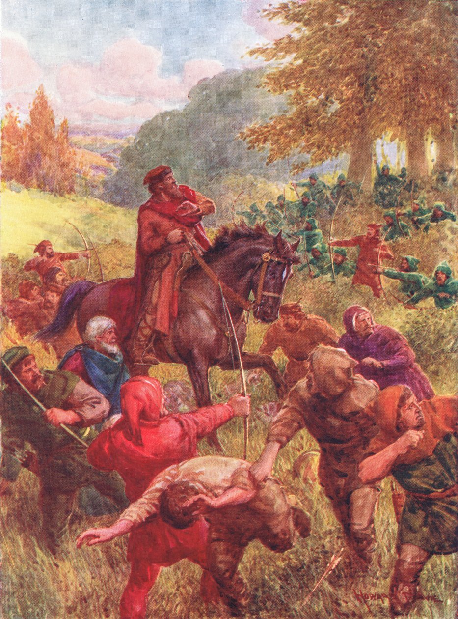 A Lea Sir Richard megmentése, illusztráció a „Robin Hood és élete a vidám zölderdőben” című könyvből, Rose Yeatman Woolf mesélte, Raphael Tuck kiadó alkotó: Howard Davie