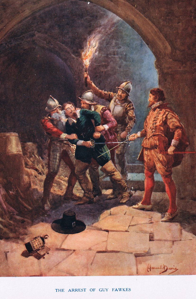 Guy Fawkes letartóztatása, a „Madame Tussauds” illusztrációja (színes litó) alkotó: Howard Davie
