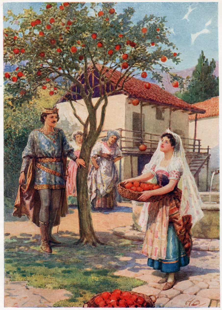 "A gyümölcs magától esett a kosárba.", az Olasz mesékből, Lilia E. Romano, kiadó: Raphael Tuck & Sons (színes litho) alkotó: Howard Davie