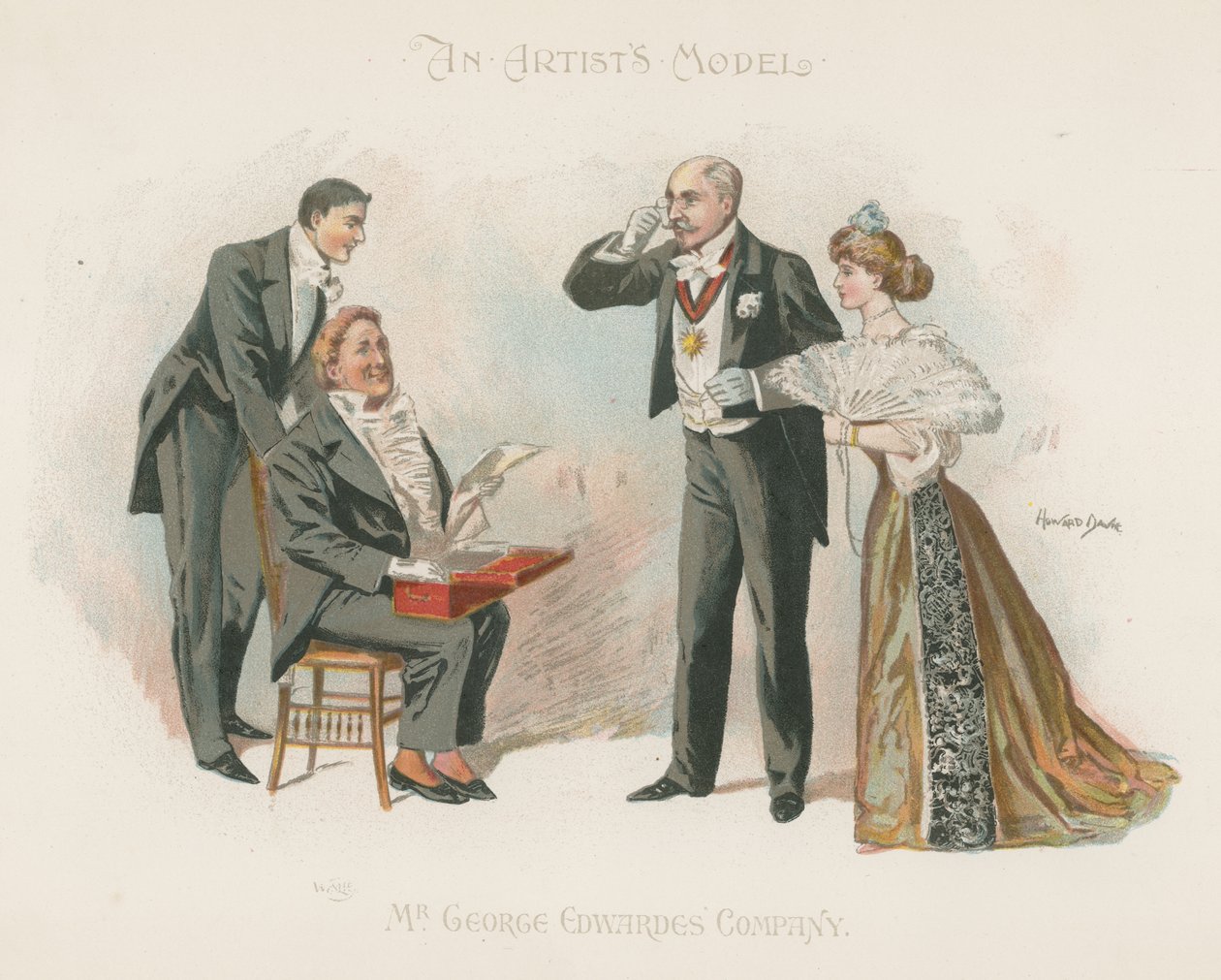 Három jól öltözött férfi és egy jól öltözött nő (színes litográfia) alkotó: Howard Davie