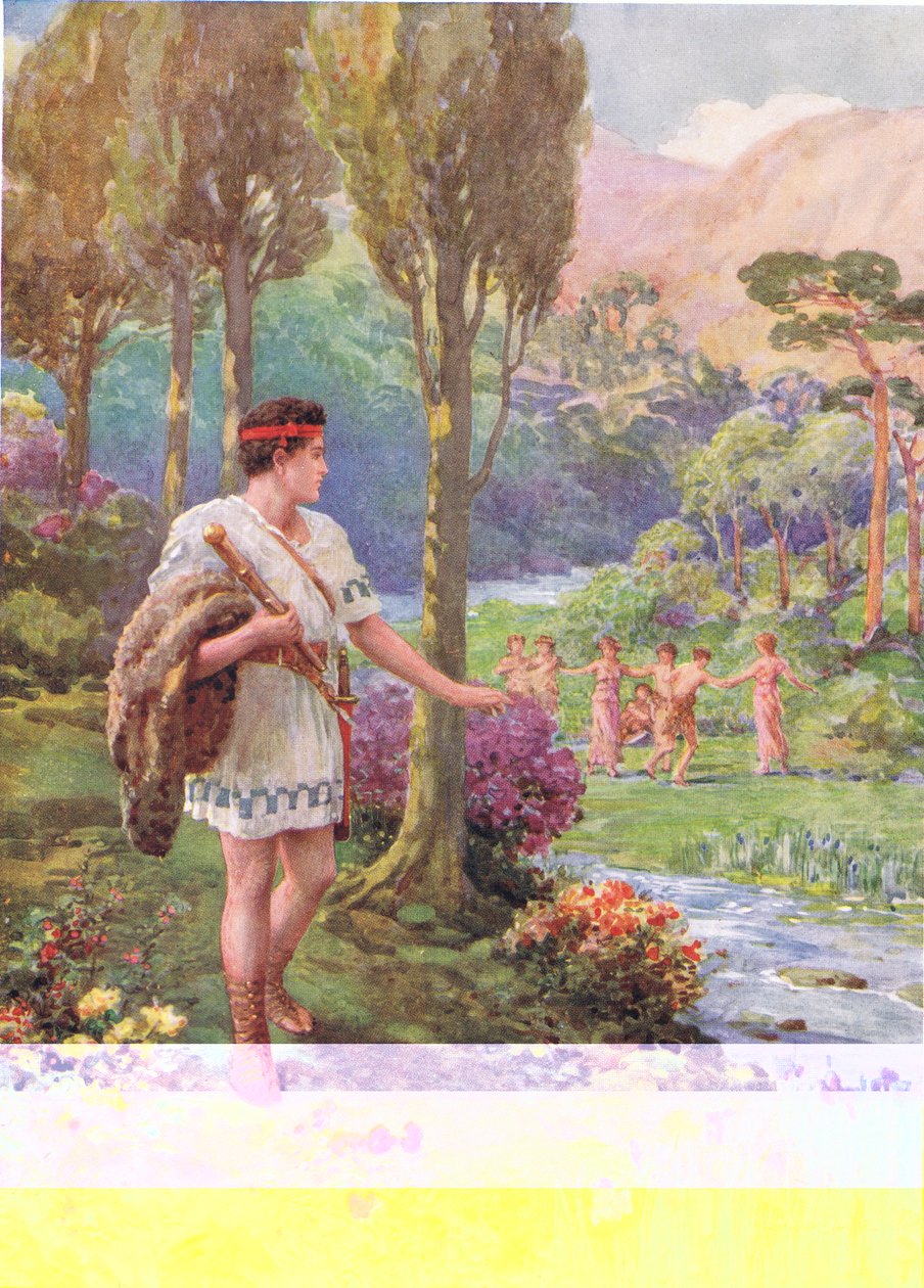 „A sziklák és a fák árnyékában nimfák és pásztorok táncoltak”, illusztráció a „Hogyan ölte meg Theseus az emberek felfalóit” című művéhez, Charles Kingsley (1819-75) A görög tündérmesék hőseiből (színes litó) alkotó: Howard Davie