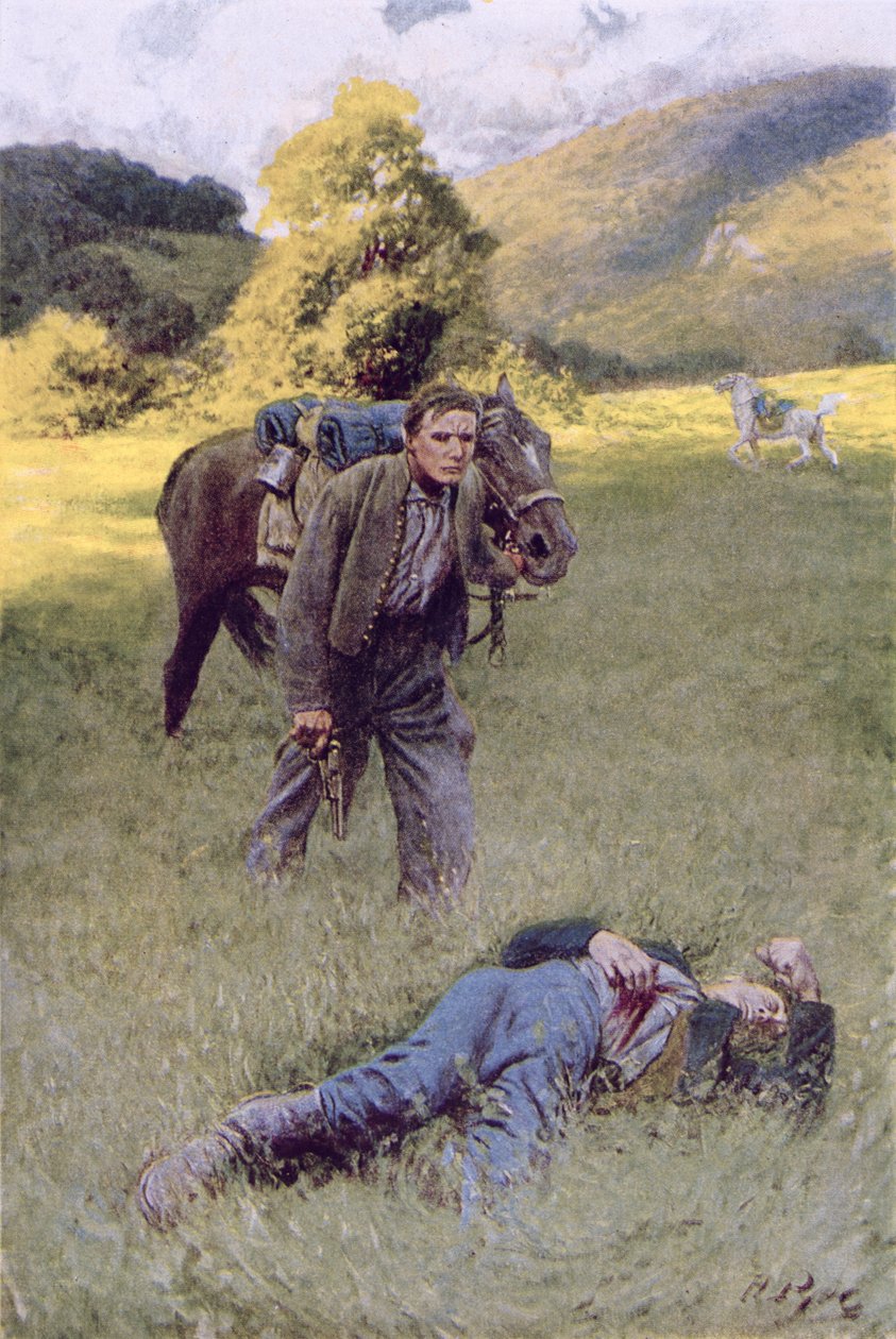 Magányos párbaj egy nagy napos mező közepén, illusztráció William Gilmore Beymer „Rowand” című művéből, kocsma. a Harper