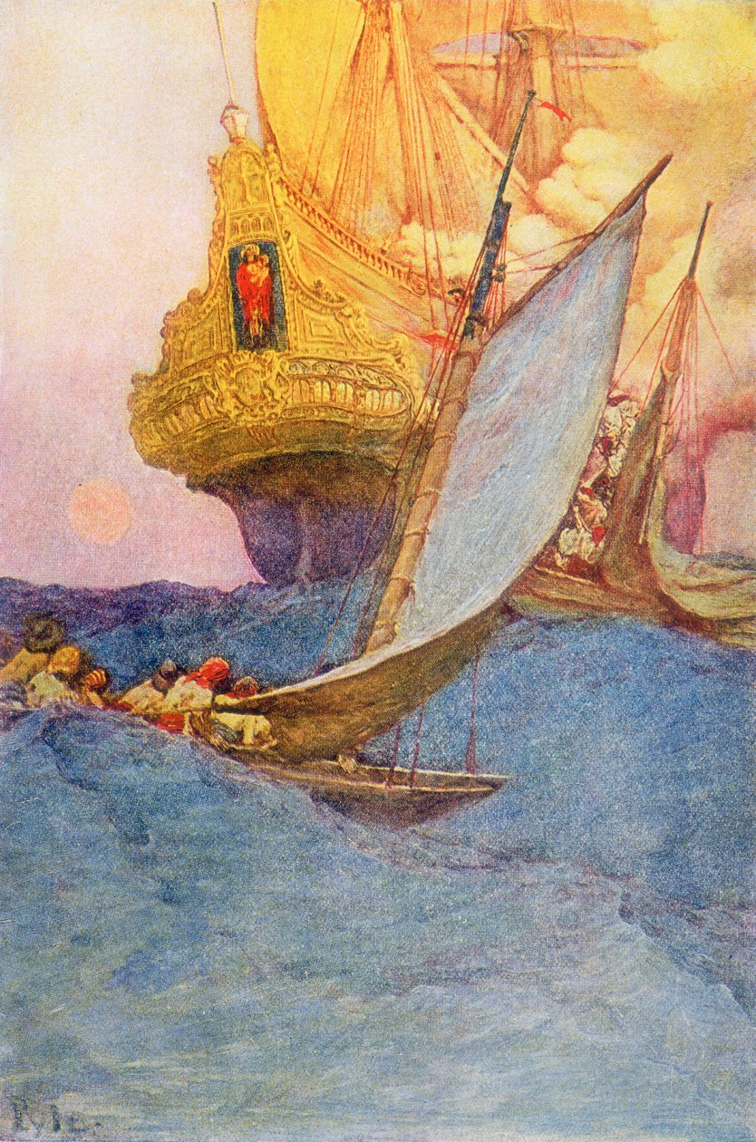 Támadás egy gálya ellen, 20. század eleje (könyvillusztráció) alkotó: Howard Pyle