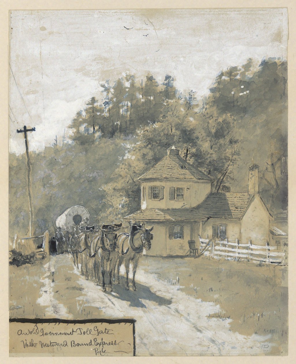 Régi állami vámkapu nyugat felé tartó expresszel, rajz William Henry Rideing „The Old National Pike” című cikkének illusztrációjához alkotó: Howard Pyle