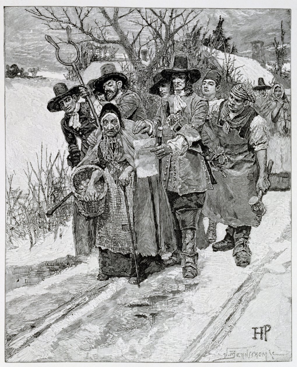 Egy boszorkány letartóztatása, J. Bernstrom metszet, illusztráció az angolok második generációjából Amerikában, Thomas Wentworth Higginson, pub. a Harper