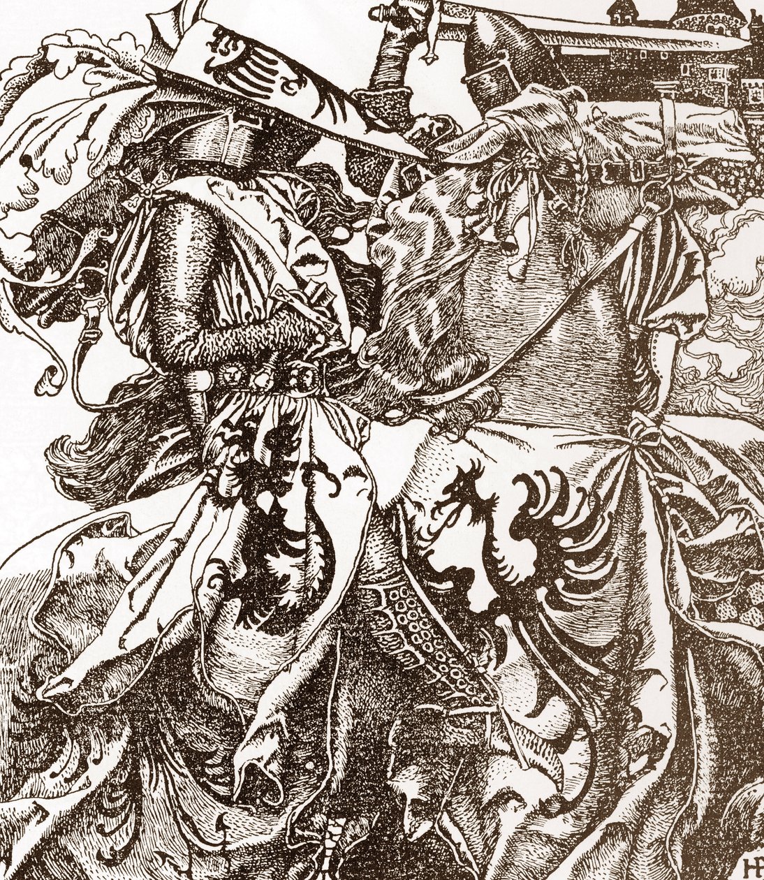 Arthur-legenda: Kay (Keu), a kerekasztal lovagja, eltöri kardját egy versenyen (Sir Kay, a kerekasztal lovagja eltöri kardját egy versenyen) Illusztráció: Howard Pyle (1853-1911) a következőből: „A történet Arthur királyról és lovagjairól”” 190 alkotó: Howard Pyle