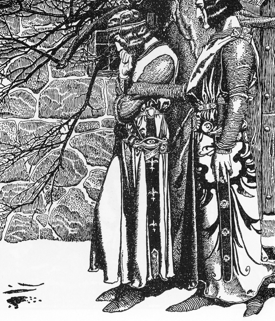 Arthurian Legend: The Knight Kay (Keu) és Perceval (Sir Kay és Sir Percival) Howard Pyle (1853-1911) illusztrációja „A kerekasztal bajnokainak története” című 1905-ös magángyűjteményből alkotó: Howard Pyle