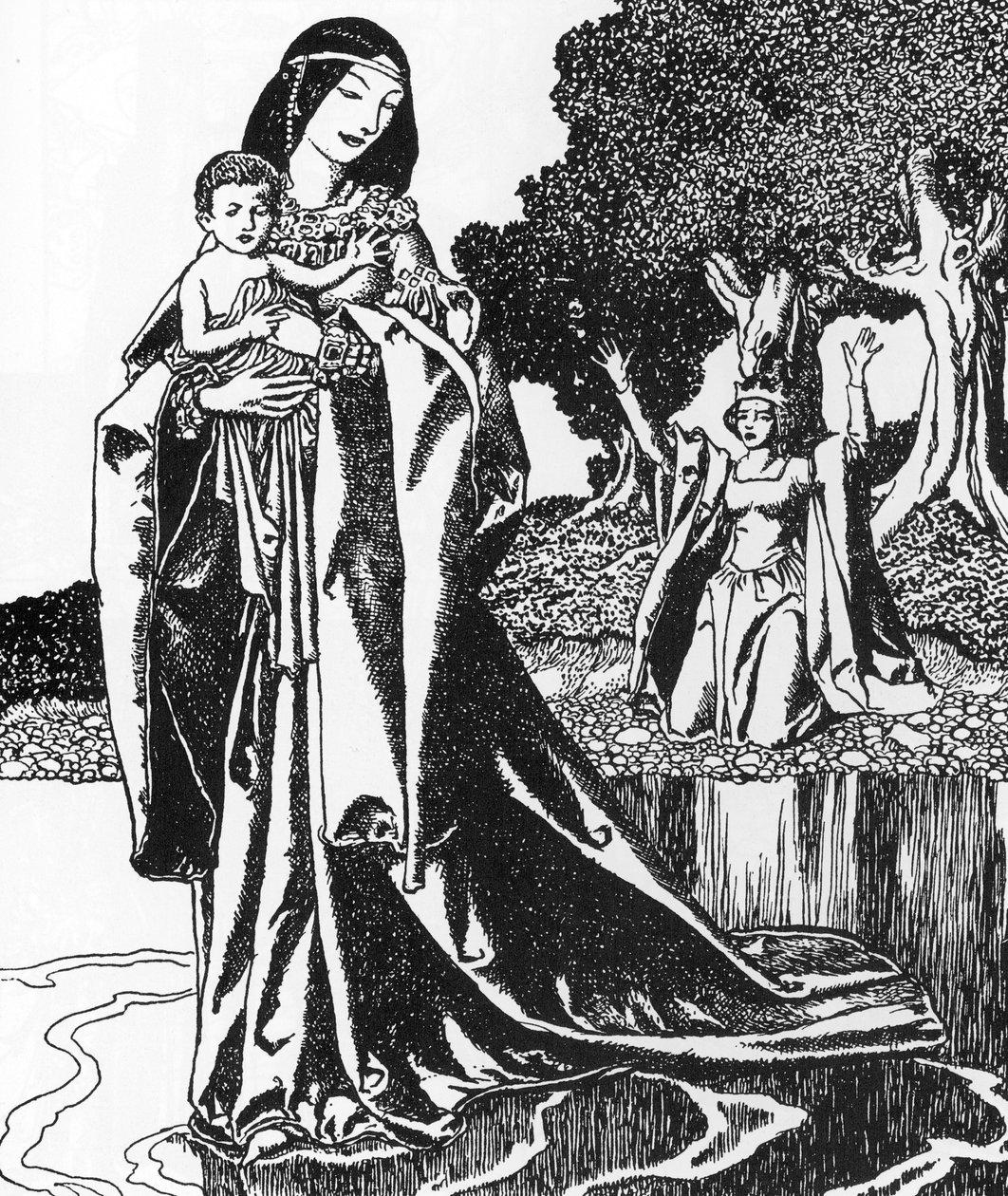 Arthur-legenda: la dame du Lacableve Lancelot enfant (Lancelotot a tó asszonya viszi el) Howard Pyle (1853-1911) illusztrációja „A kerekasztal bajnokainak története” 1903 Magángyűjtemény alkotó: Howard Pyle