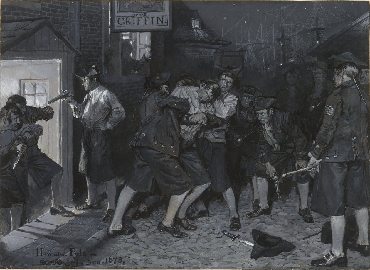 A Griffmadár cégérénél, rajz John Austin Stevens „Régi New York-i kávéházak” című cikkének illusztrációjához alkotó: Howard Pyle