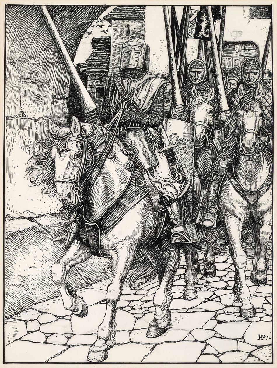 Elindultak csattogó patákkal és csörgő páncéllal. alkotó: Howard Pyle