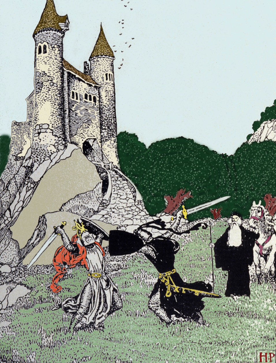 Harc Arthur király (Artus) és a fekete lovag között Merlin, a varázslatos jelenlétében. Illusztráció: Howard Pyle (1853-1911), amerikai illusztrátor alkotó: Howard Pyle