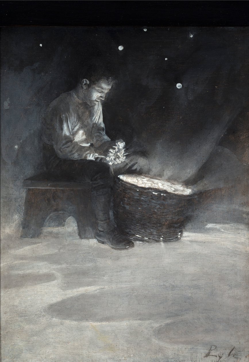David leült a fapadra, és felvett egy nagy kék csillagot, Howard Pyle „A kert a hold mögött” című művéből, 1895-ben (olaj a fedélzeten) alkotó: Howard Pyle
