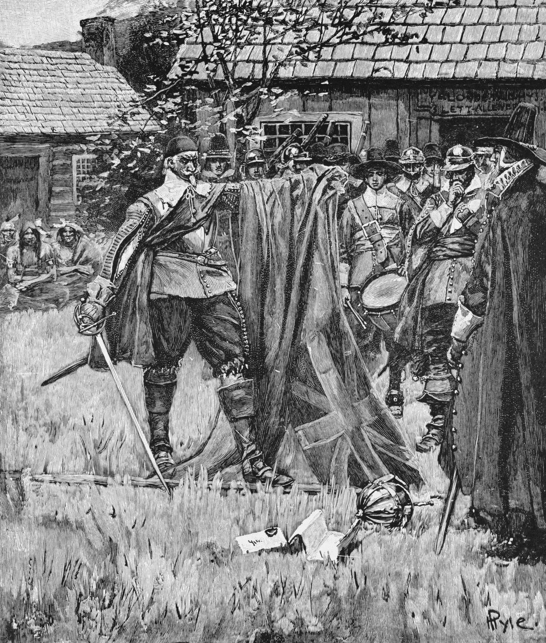 Endicott kivágja a keresztet az angol zászlóból, illusztrációja Thomas Wentworth Higginson „An English Nation” című könyvéből, pub. a Harper