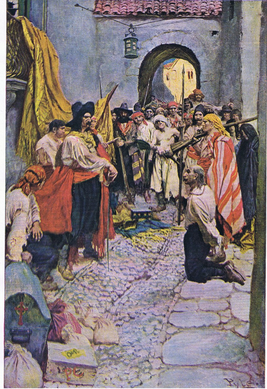 Tisztelet kicsikarása a polgároktól, a Harper & Bros által kiadott Howard Pyles Book of Pirates című könyvéből, 1921 alkotó: Howard Pyle