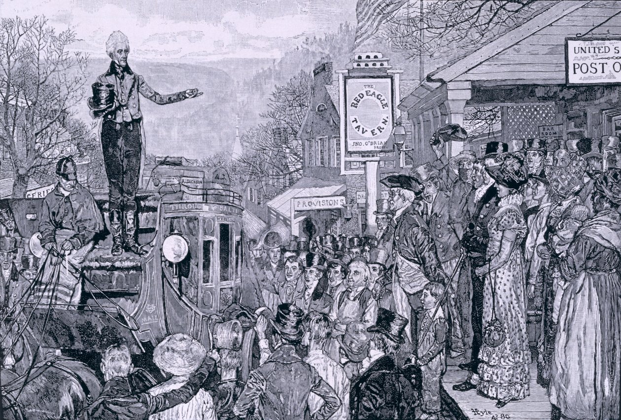 „Jackson tábornok, megválasztott elnök, útban Washingtonba”, illusztráció az „Elnöki előrehaladás”, pub. a Harper