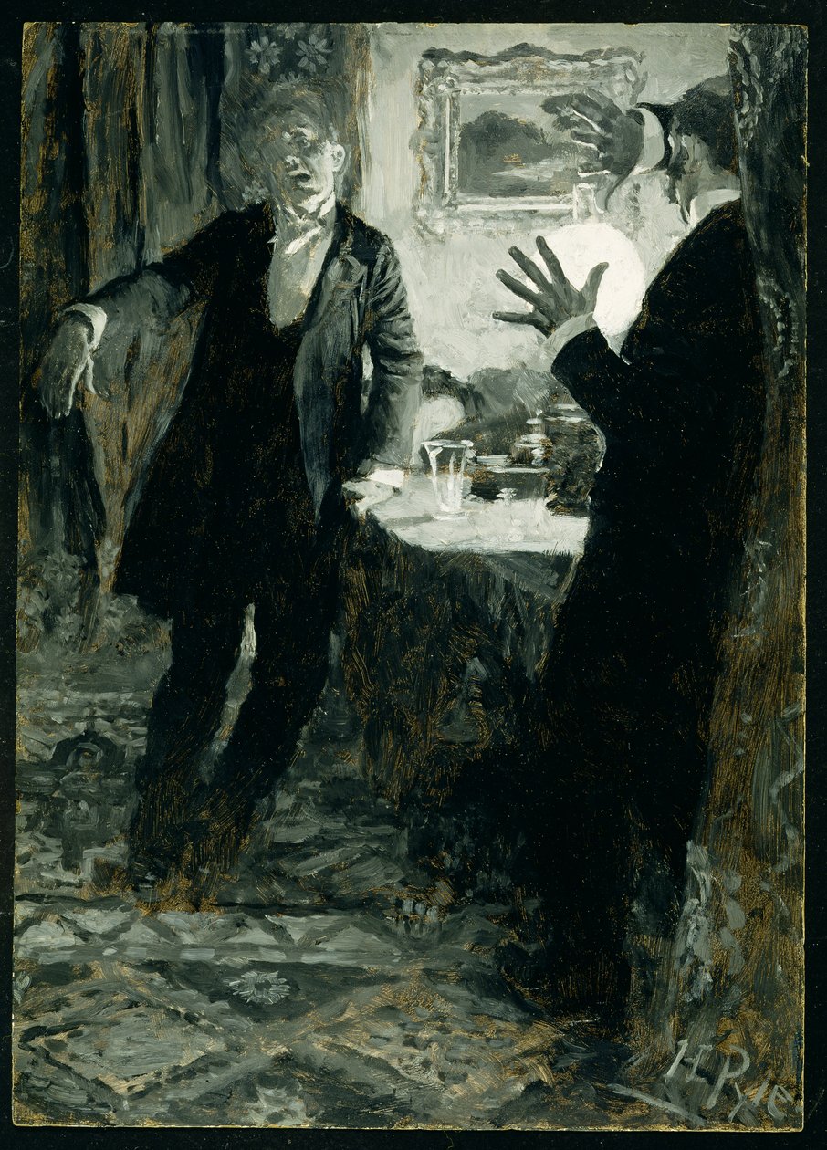 Ajkára tette a poharat, és egy kortyra ivott, a Dr. Jekyll és Mr. Hyde, Robert Louis Stevenson (1850-94), amerikai kiadás, 1895-ben (olaj, vászon) alkotó: Howard Pyle