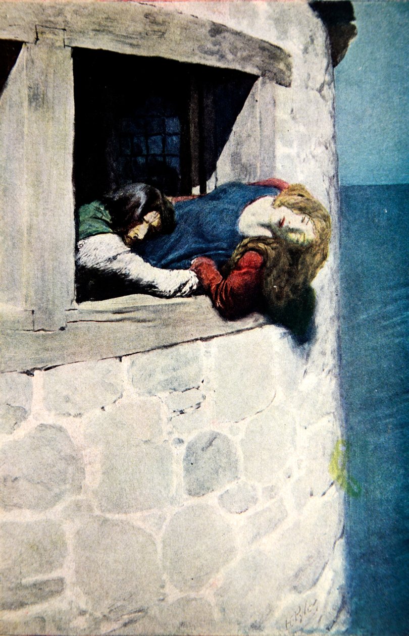 „A feje és a válla a külső tér fölött lógott” – a The Maid of Landevennec, kocsma illusztrációja. a Harper