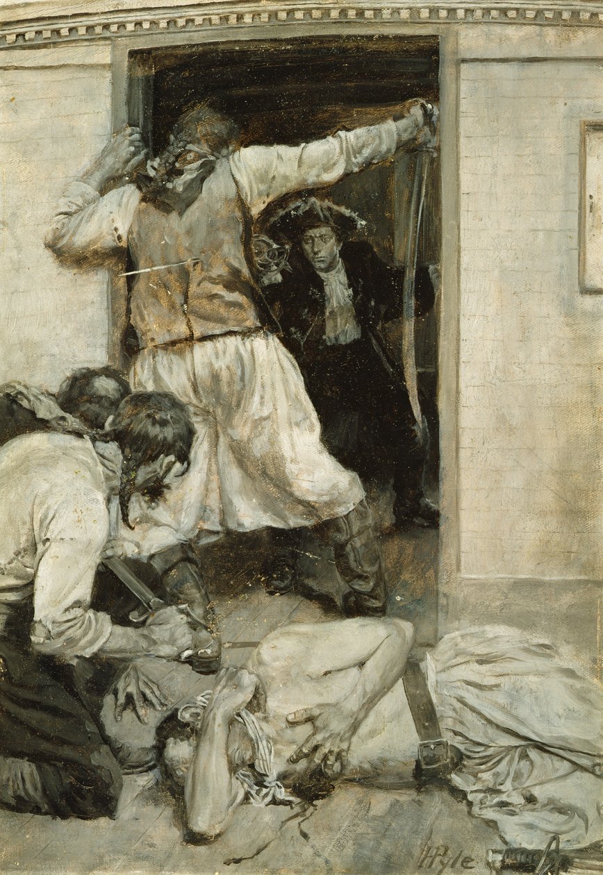 Láttam, amint átadta kardját a társ testén, az „Elrabolt” című filmből, amely a „Robert Louis Stevenson regényei és meséi” című kiadványban jelent meg. alkotó: Howard Pyle