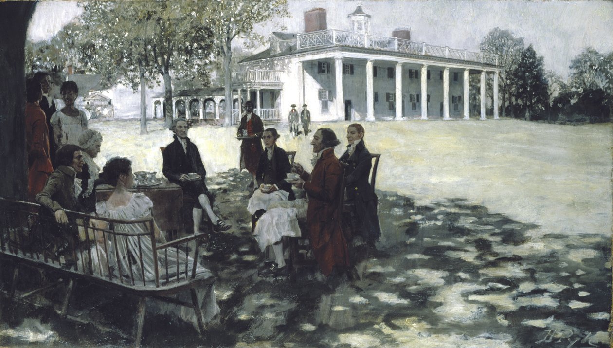 Martha és George Washington barátaikat szórakoztatja a Mount Vernon gyepen, 1898 (olaj és grisaille, vászon) alkotó: Howard Pyle