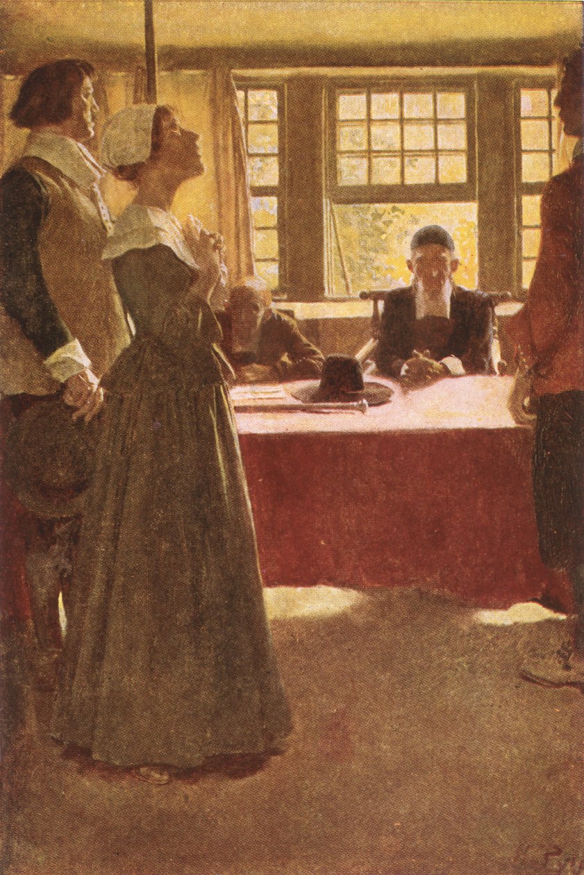 Mary Dyer Endicott kormányzó elé került, illusztráció Basil King „Mary Dyer felakasztása” című művéből, pub. a McClure