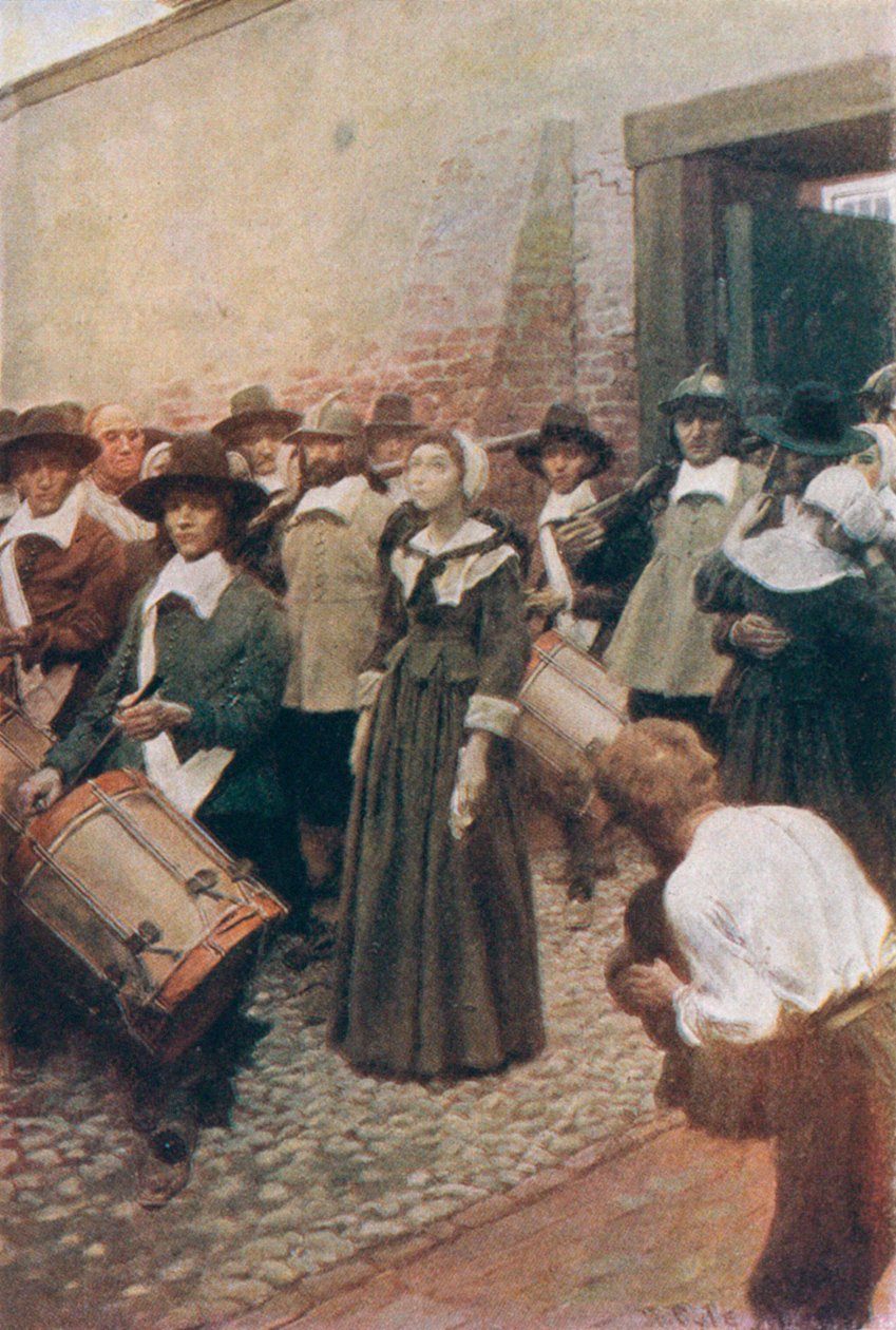 Mary Dyer úton az állványhoz, illusztráció Basil King „Mary Dyer akasztása” című művéből, kocsma. a McClure