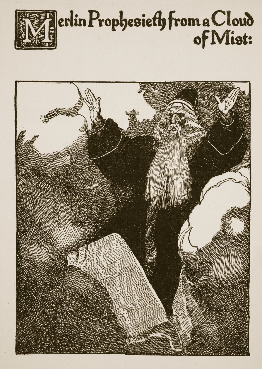 Merlin Prophesieth a ködfelhőből, illusztráció a Sir Launcelot és társai történetéből, 1907 alkotó: Howard Pyle