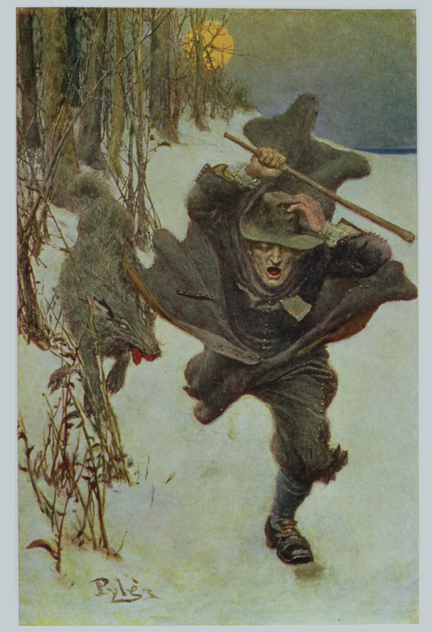 Egyszer Doktor Wilkinsont magába a városba kergette, illusztrációja Howard Pyle „The Salem Wolf” című könyvéből, pub. a Harper