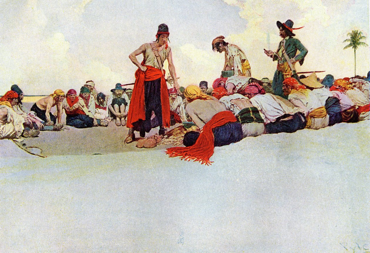 A hazaáruló megosztása a körben újra egyesült kalózok között. Illusztráció: Howard Pyle (1853-1911), amerikai illusztrátor: „A kalózok buktatói és a spanyol főtér maroonersei könyve” alkotó: Howard Pyle