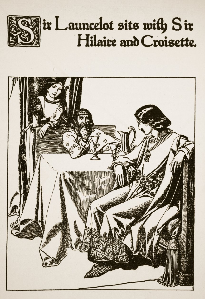 Sir Launcelot Sir Hilaire-rel és Croisette-tel ül, illusztráció a „Kerekasztal bajnokainak története” című művéből. alkotó: Howard Pyle