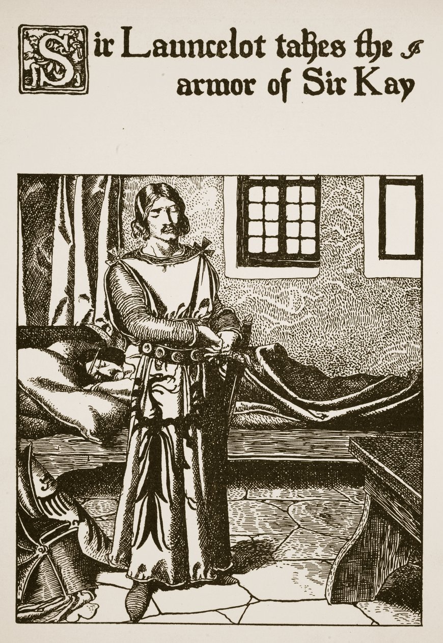 Sir Launcelot átveszi Sir Kay páncélját, a „The Story of the Champions of the Round Table” című illusztrációját. alkotó: Howard Pyle