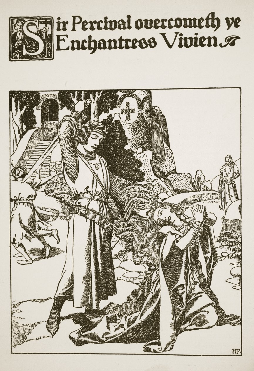 Sir Percival legyőzi Vivien varázslónőt, illusztráció a „A kerekasztal bajnokainak története” című könyvből. alkotó: Howard Pyle