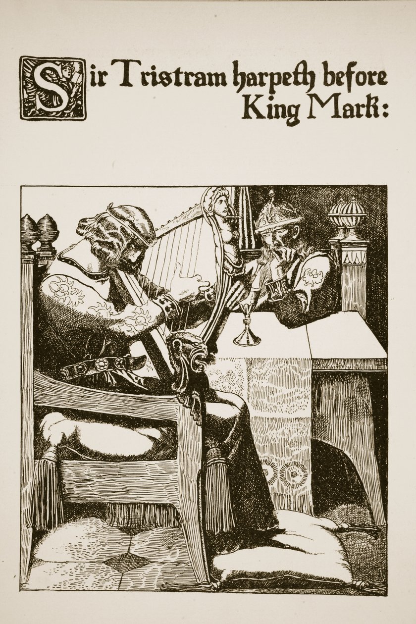 Sir Tristram Harpeth Márk király előtt, illusztráció a "A kerekasztal bajnokainak története" című filmből alkotó: Howard Pyle