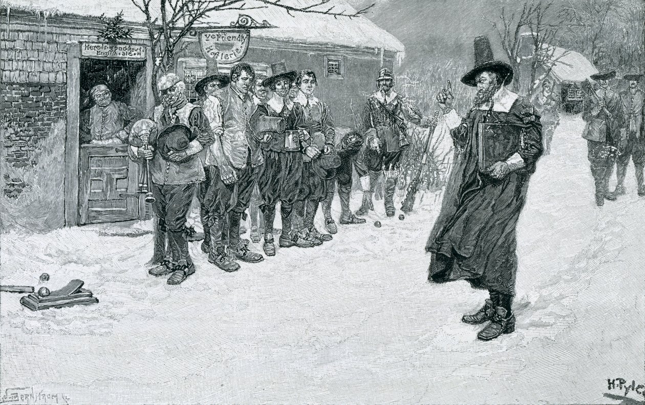A puritán kormányzó megszakítja a karácsonyi sportokat, vésette J. Bernstrom, illusztráció a „Karácsonyból”, George William Curtis, pub. a Harper
