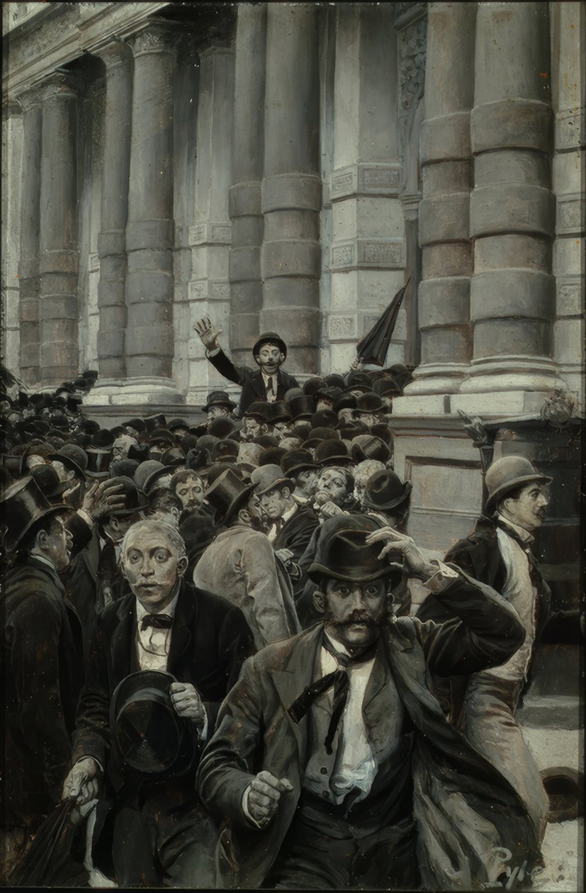 A New York-i tőzsdei roham 1873. szeptember 18-án. alkotó: Howard Pyle