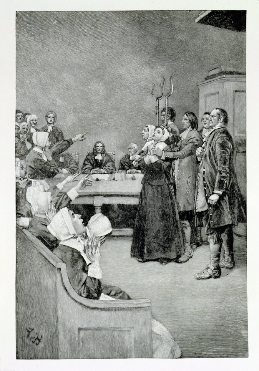 Egy boszorkány tárgyalása, illusztráció a „Giles Corey, Yeoman” című művéből, Mary E. Wilkins, pub. a Harper