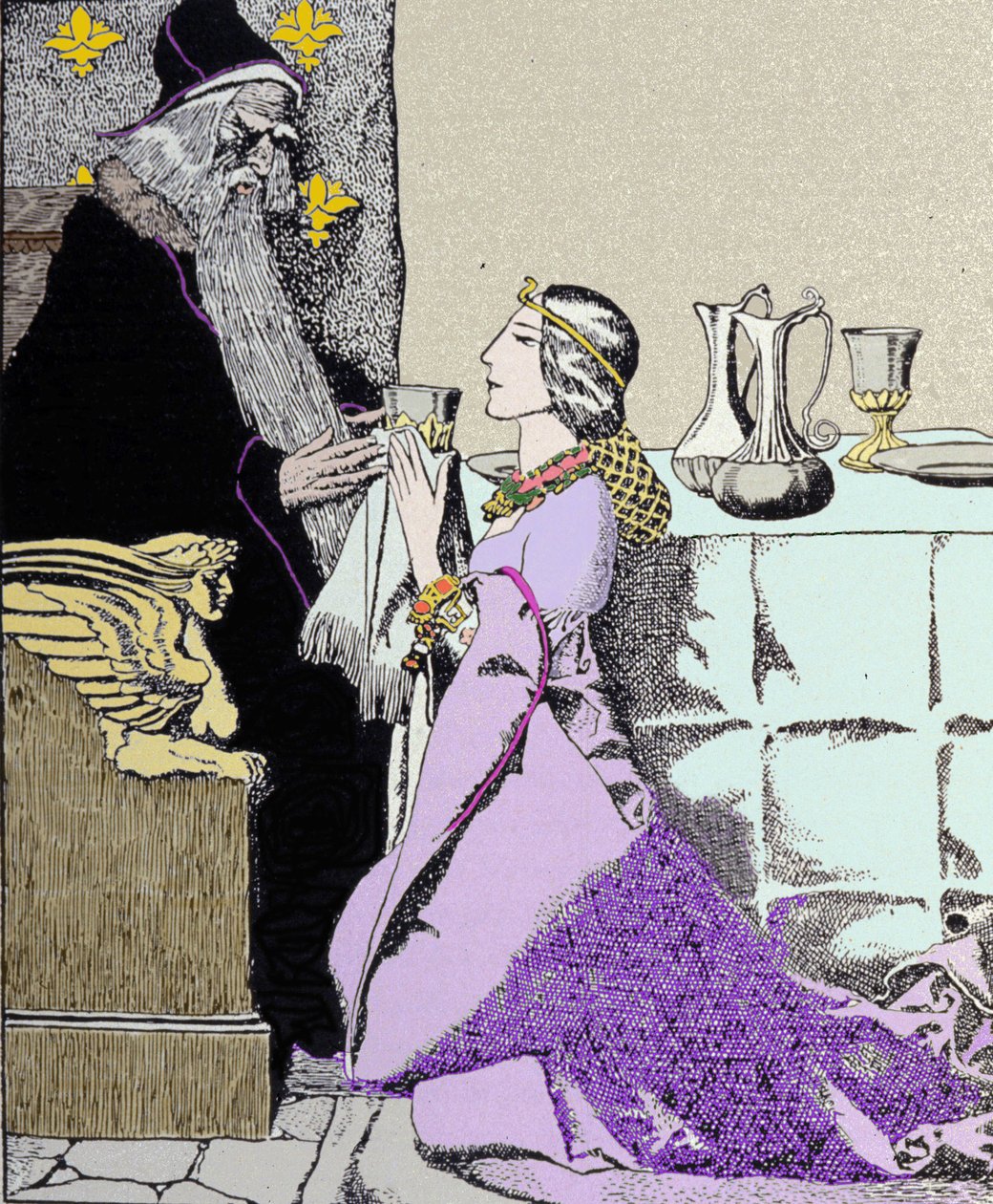 A Viviane díj magával ragadja Merlint, a Varázslót. Illusztráció: Howard Pyle (1853-1911), amerikai illusztrátor alkotó: Howard Pyle