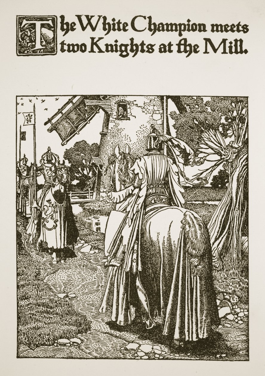 A Fehér Bajnok találkozik két lovaggal a malomban, illusztráció az „Artúr király és lovagjai története” című 1903-as alkotó: Howard Pyle