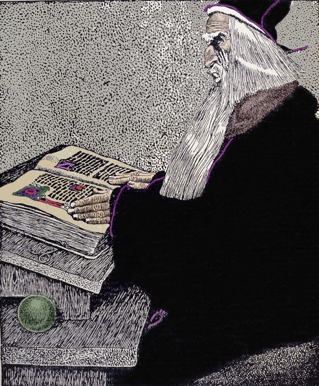 Merlin bűvész. Illusztráció: Howard Pyle (1853 - 1911), amerikai karikaturista, „Artúr király és lovagjai története” c. alkotó: Howard Pyle