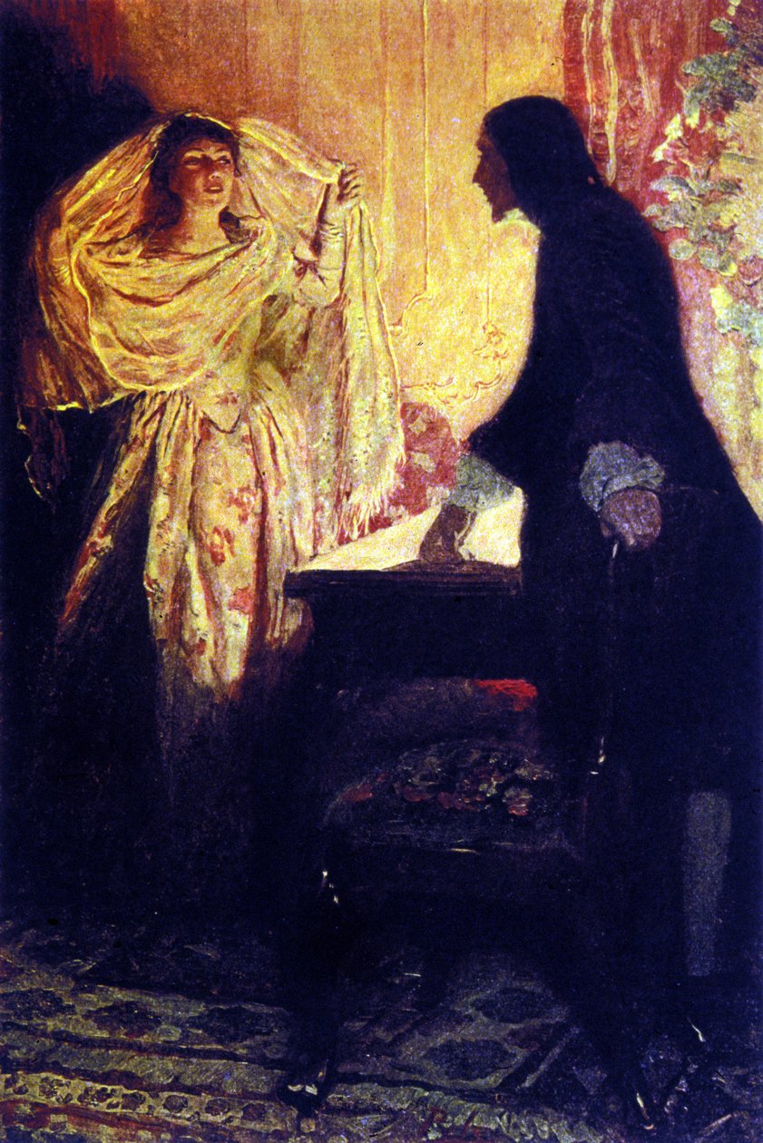 Találkozás Keith kapitány lányával. Illusztráció: Howard Pyle (1853-1911), amerikai illusztrátor: „A kalózok buktatói és a spanyol főtér maroonersei könyve” alkotó: Howard Pyle