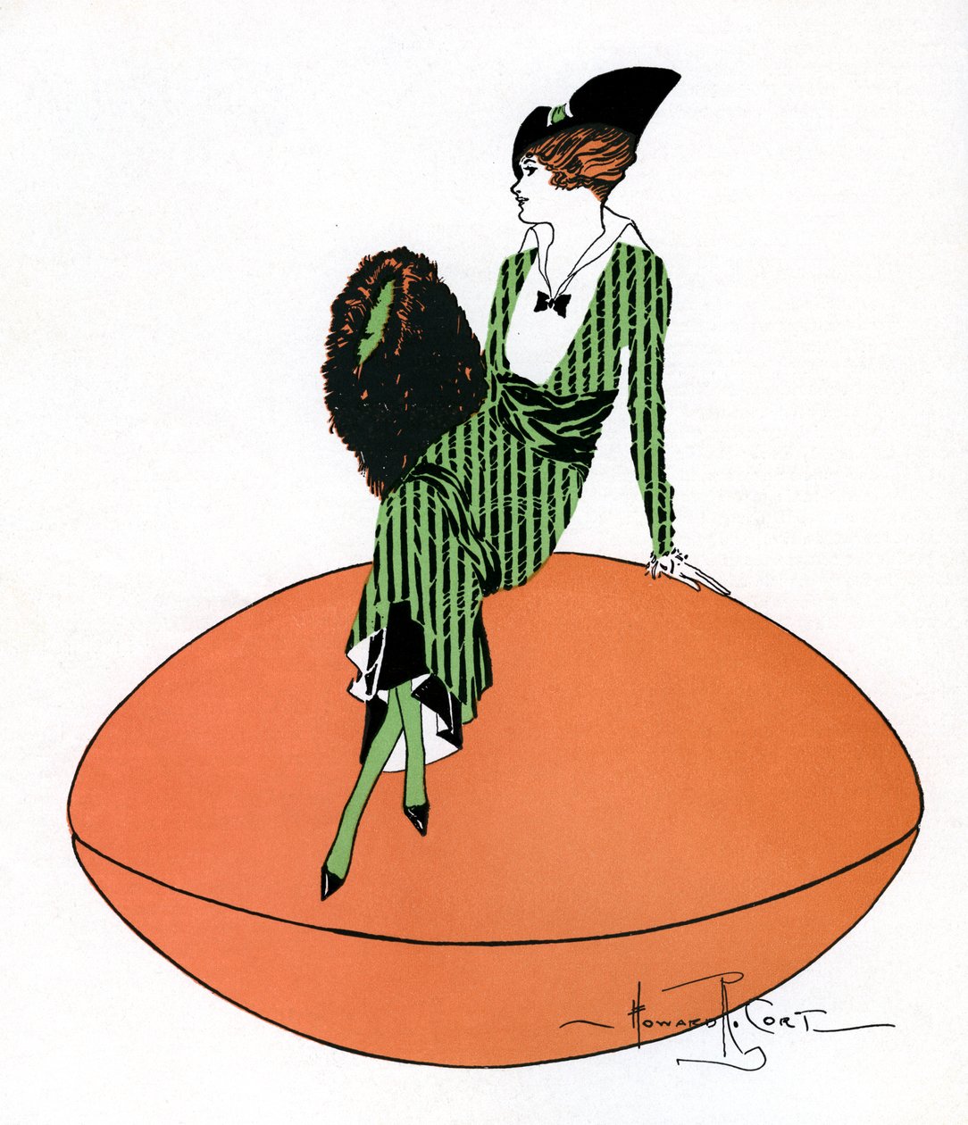 Vintage illusztrációja Flapper ül egy óriási futball alkotó: Howard R. Cort