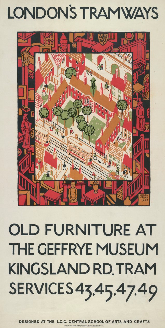 „Régi bútor a Geffrye Múzeumban”, London Megyei Tanács LCC Tramways plakátja, 1924 alkotó: Howard Spear