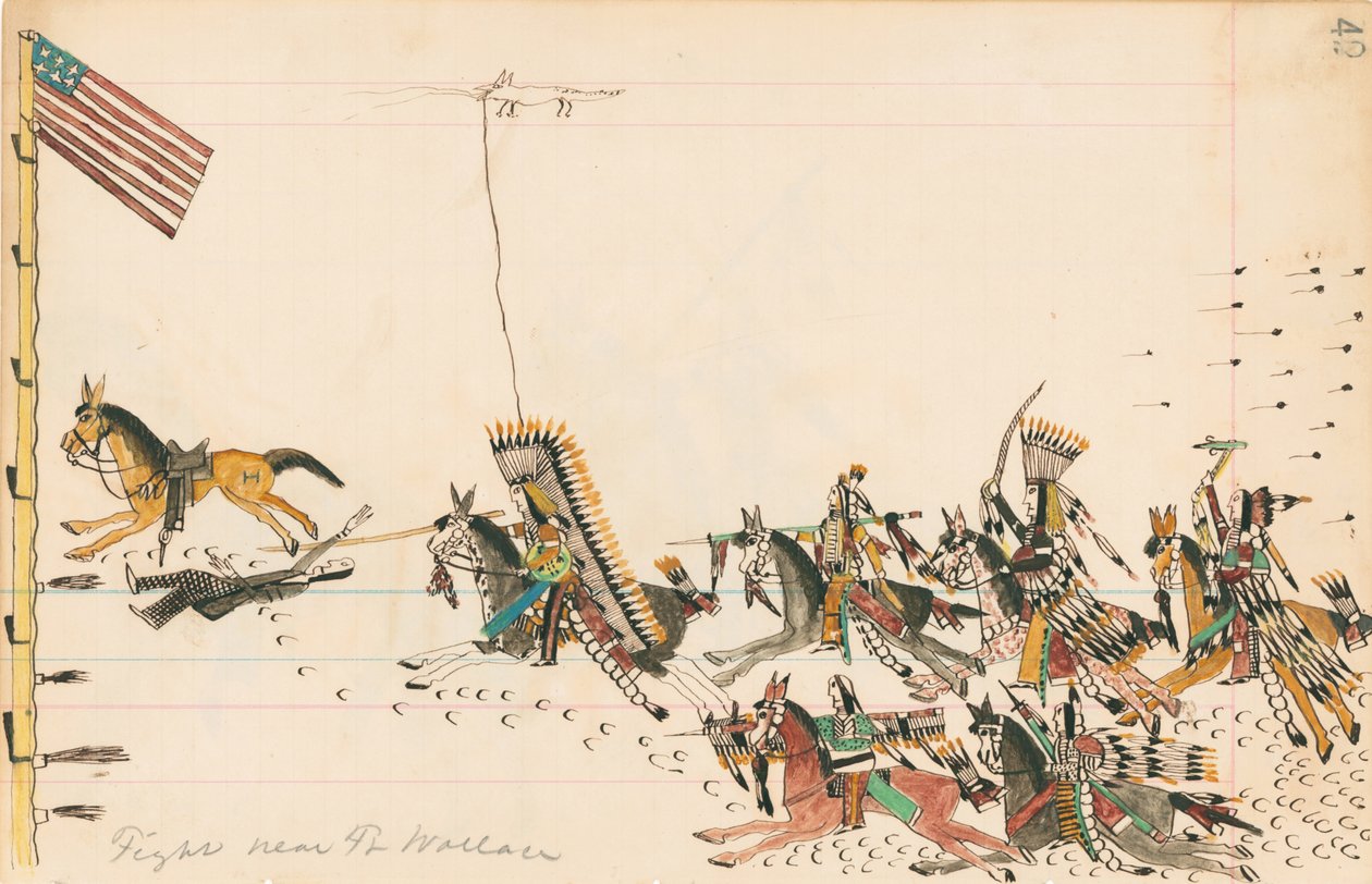 Harc közel Ft. Wallace, 1874-75 (toll, tinta és WC főkönyvi papíron) alkotó: Howling Wolf
