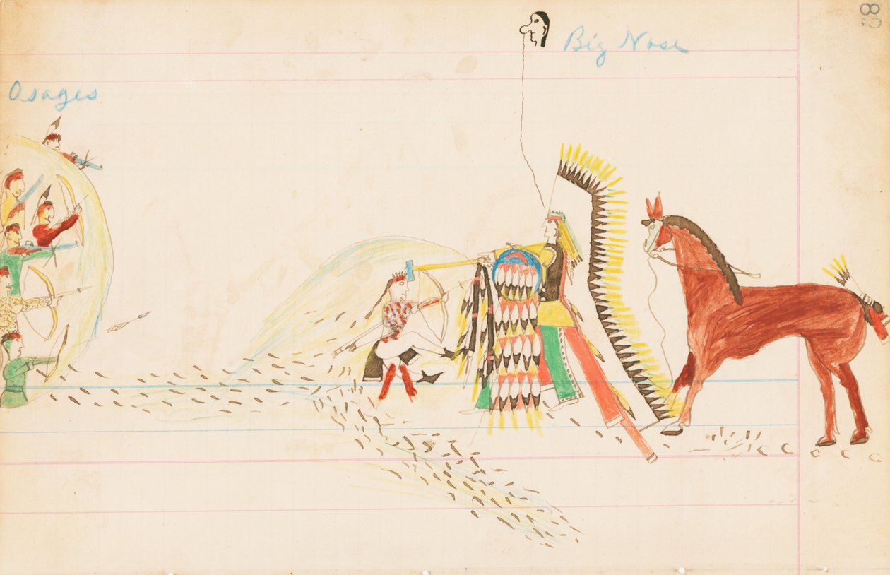 Osages, Big Nose, 1874-75 (toll, tinta és WC főkönyvi papíron) alkotó: Howling Wolf