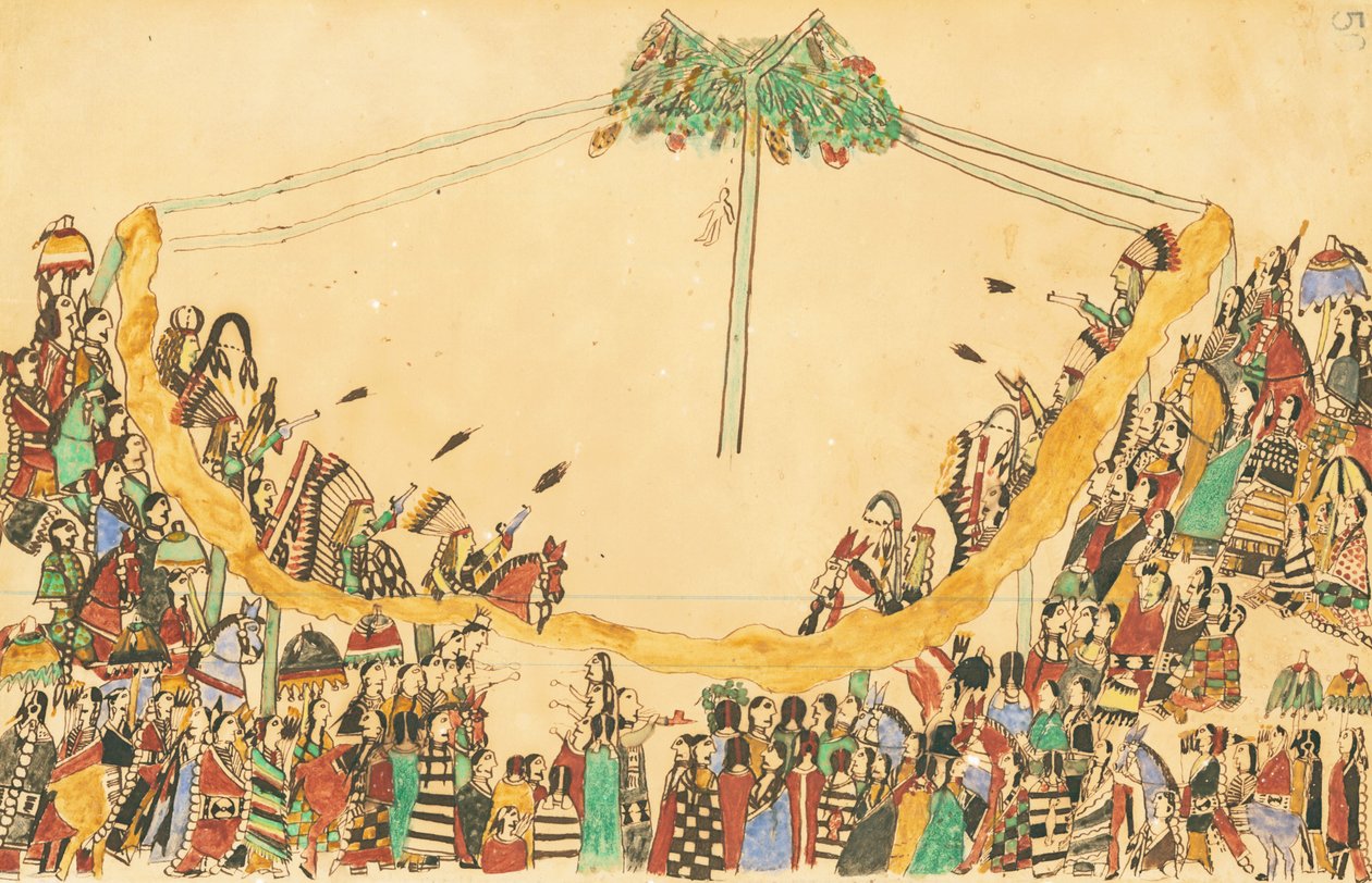 A harcosok nagy belépőjüket a Medicine Lodge-ba a tánc megkezdése előtt, 1874-75 (toll, tinta és WC a főkönyvi papíron) alkotó: Howling Wolf
