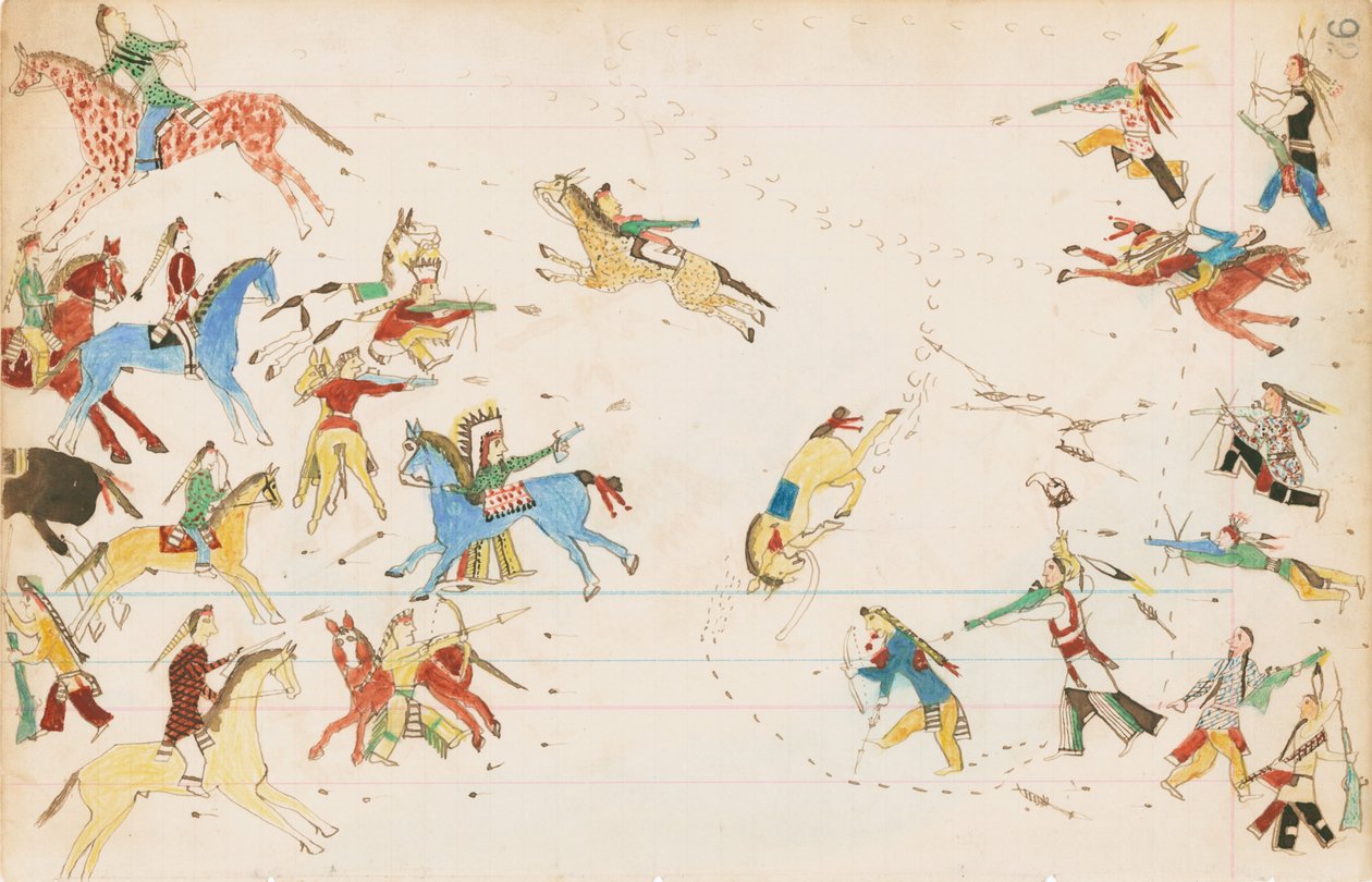 Csata a varjú és a cheyenne törzs között, 1874-75 (toll, tinta és WC a főkönyvi papíron) alkotó: Howling Wolf